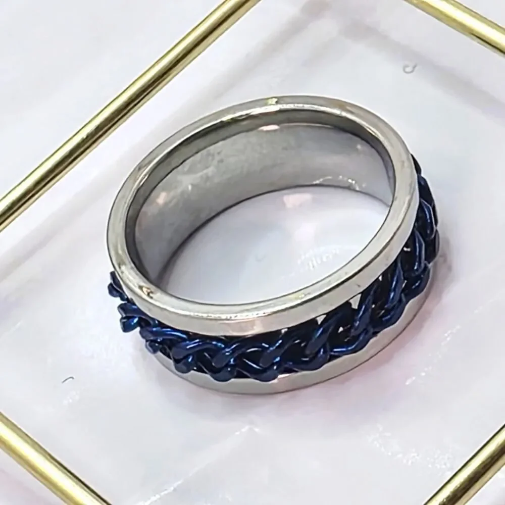 SPINNER  Titanium Polished Silver Ring - Blue Chain